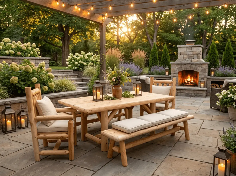 Outdoor Farmhouse Patio Table and Chairs by Cedar Creek Rustic Furniture