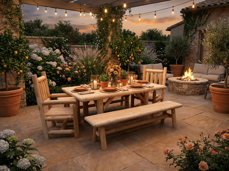 Outdoor Farmhouse Patio Table and Chairs by Cedar Creek Rustic Furniture