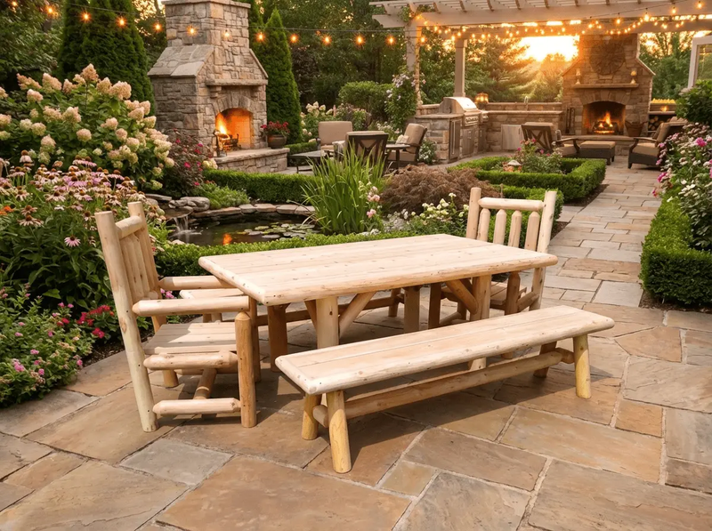Outdoor Farmhouse Patio Table and Chairs by Cedar Creek Rustic Furniture