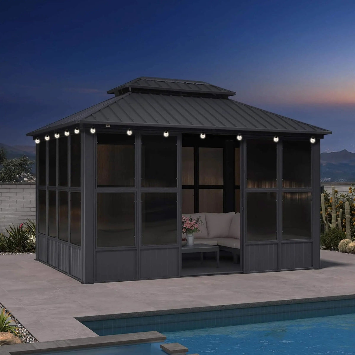 Alora Vista Outdoor Hardtop Aluminum Solarium With Double Roof And LED Lights (SAK42086) by SAKSBY WHOLESALE