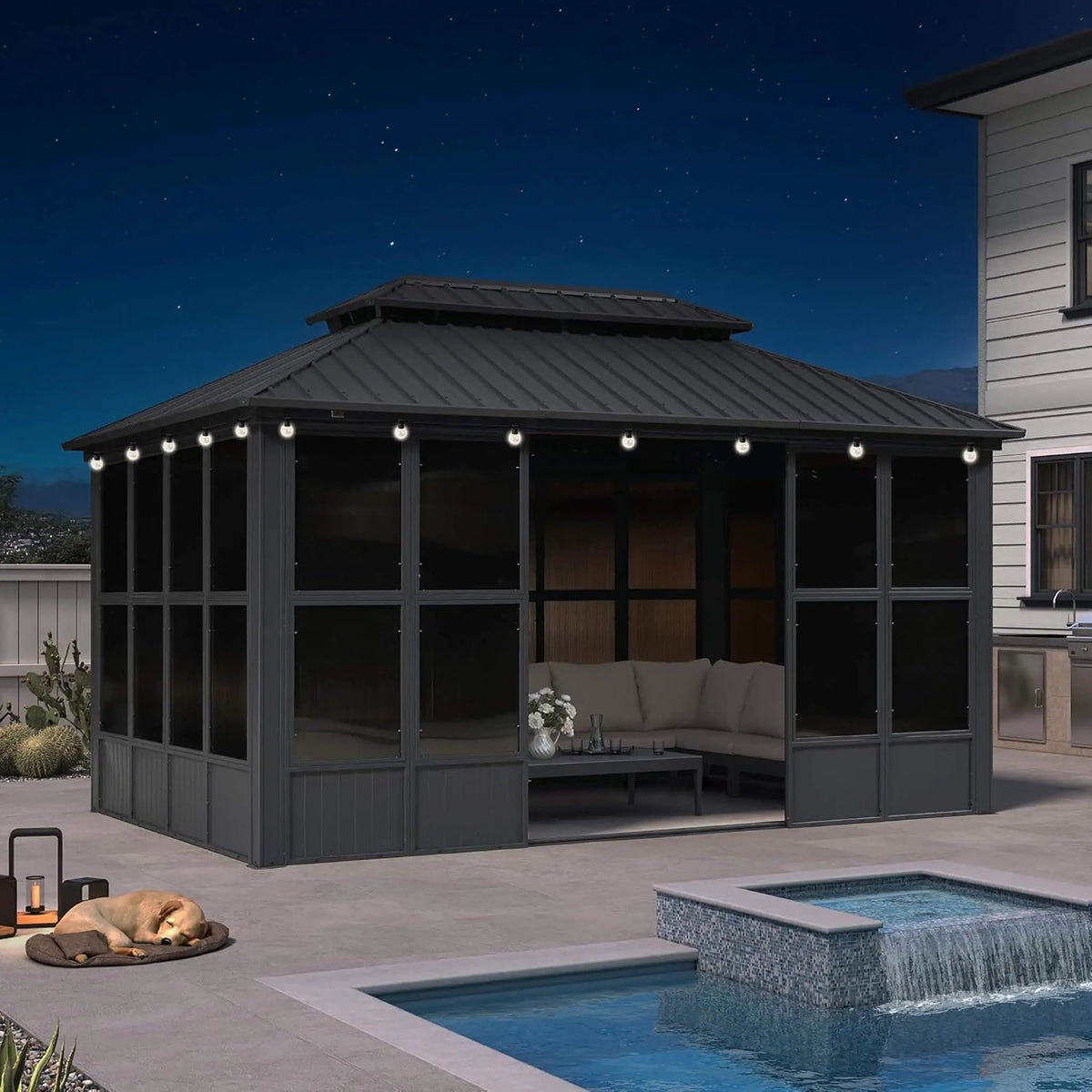 Alora Vista Outdoor Hardtop Aluminum Solarium With Double Roof And LED Lights (SAK42086) by SAKSBY WHOLESALE