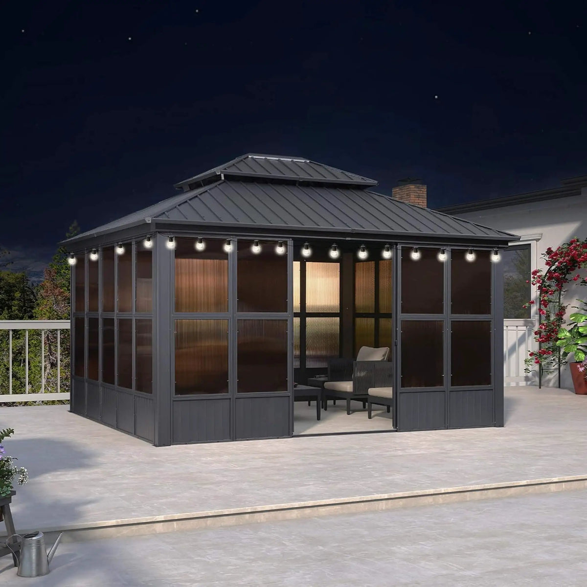 Alora Vista Outdoor Hardtop Aluminum Solarium With Double Roof And LED Lights (SAK42086) by SAKSBY WHOLESALE