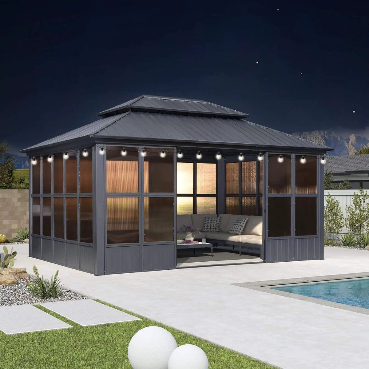 Alora Vista Outdoor Hardtop Aluminum Solarium With Double Roof And LED Lights (SAK42086) by SAKSBY WHOLESALE
