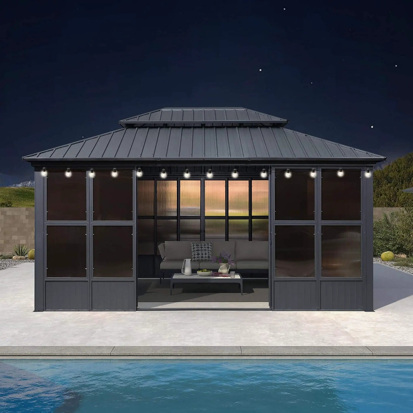 Alora Vista Outdoor Hardtop Aluminum Solarium With Double Roof And LED Lights (SAK42086) by SAKSBY WHOLESALE