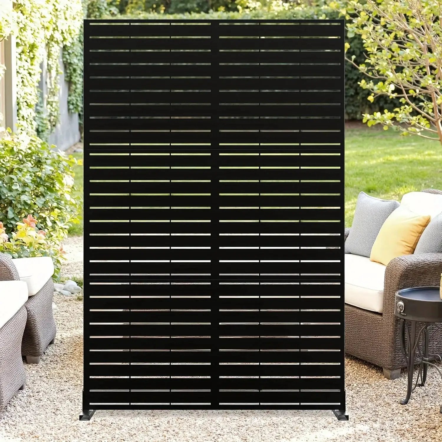 Outdoor Metal Privacy Screen 182.88cm H x 119.38cm W Freestanding Fence & Room Divider with Stand - Heavy-Duty Modern Design, Weather-Resistant Metal Panels with Pattern, Easy Assembly for Patio, Garden, Deck, Balcony, Lawn - by House Of Avana