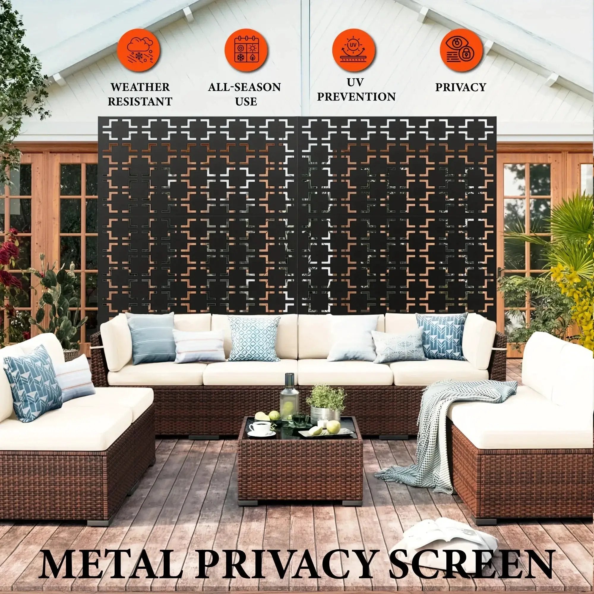 Outdoor Metal Privacy Screen 182.88cm H x 119.38cm W Freestanding Fence & Room Divider with Stand - Heavy-Duty Modern Design, Weather-Resistant Metal Panels with Pattern, Easy Assembly for Patio, Garden, Deck, Balcony, Lawn - by House Of Avana