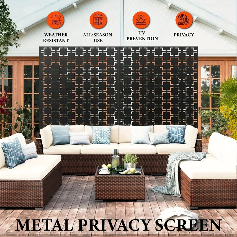 Outdoor Metal Privacy Screen 182.88cm H x 119.38cm W Freestanding Fence & Room Divider with Stand - Heavy-Duty Modern Design, Weather-Resistant Metal Panels with Pattern, Easy Assembly for Patio, Garden, Deck, Balcony, Lawn - by House Of Avana