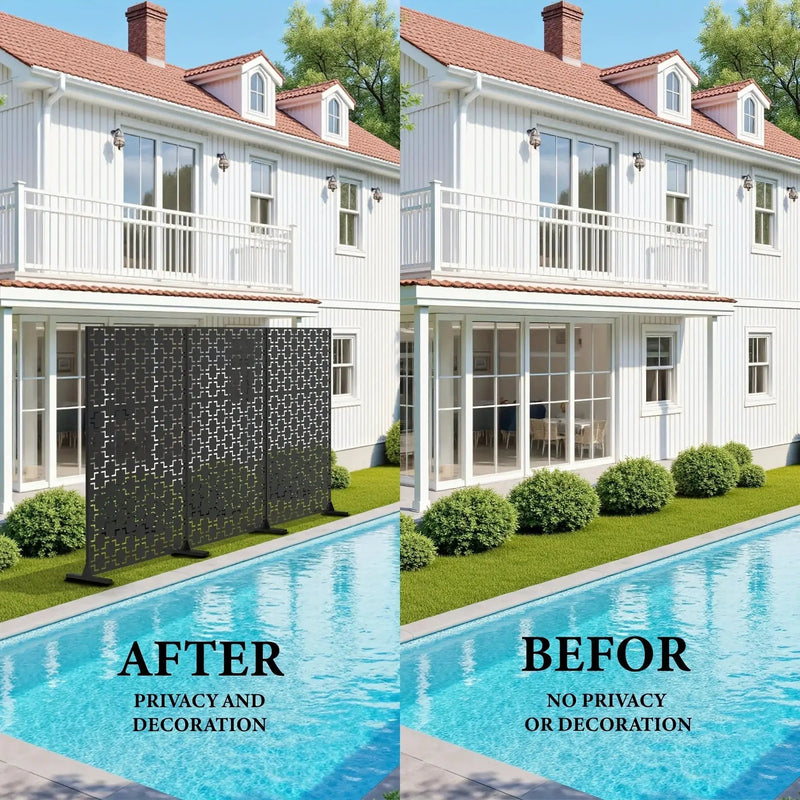 Outdoor Metal Privacy Screen 182.88cm H x 119.38cm W Freestanding Fence & Room Divider with Stand - Heavy-Duty Modern Design, Weather-Resistant Metal Panels with Pattern, Easy Assembly for Patio, Garden, Deck, Balcony, Lawn - by House Of Avana