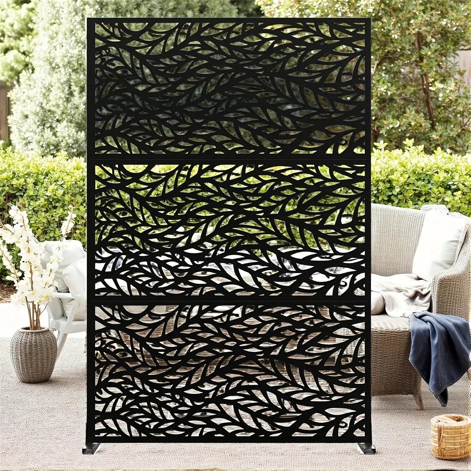 Outdoor Metal Privacy Screen 182.88cm H x 119.38cm W Freestanding Fence & Room Divider with Stand - Heavy-Duty Modern Design, Weather-Resistant Metal Panels with Pattern, Easy Assembly for Patio, Garden, Deck, Balcony, Lawn - by House Of Avana