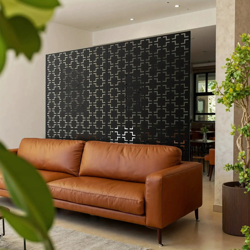 Outdoor Metal Privacy Screen 182.88cm H x 119.38cm W Freestanding Fence & Room Divider with Stand - Heavy-Duty Modern Design, Weather-Resistant Metal Panels with Pattern, Easy Assembly for Patio, Garden, Deck, Balcony, Lawn - by House Of Avana