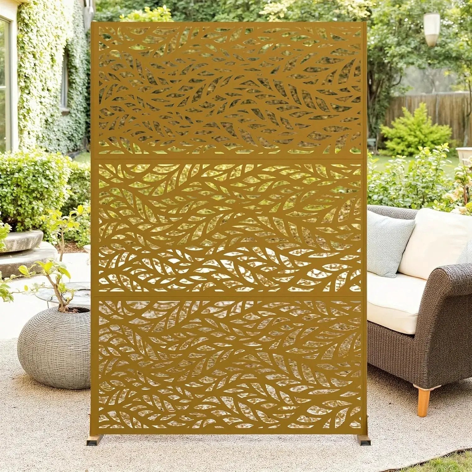 Outdoor Metal Privacy Screen 182.88cm H x 119.38cm W Freestanding Fence & Room Divider with Stand - Heavy-Duty Modern Design, Weather-Resistant Metal Panels with Pattern, Easy Assembly for Patio, Garden, Deck, Balcony, Lawn - by House Of Avana