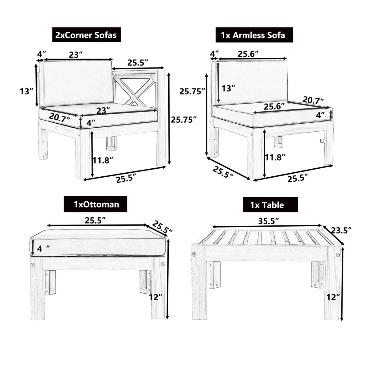 Alora 5-Piece Outdoor Patio Wood Sectional Sofa Set With Cushions (SAK31297) by SAKSBY WHOLESALE