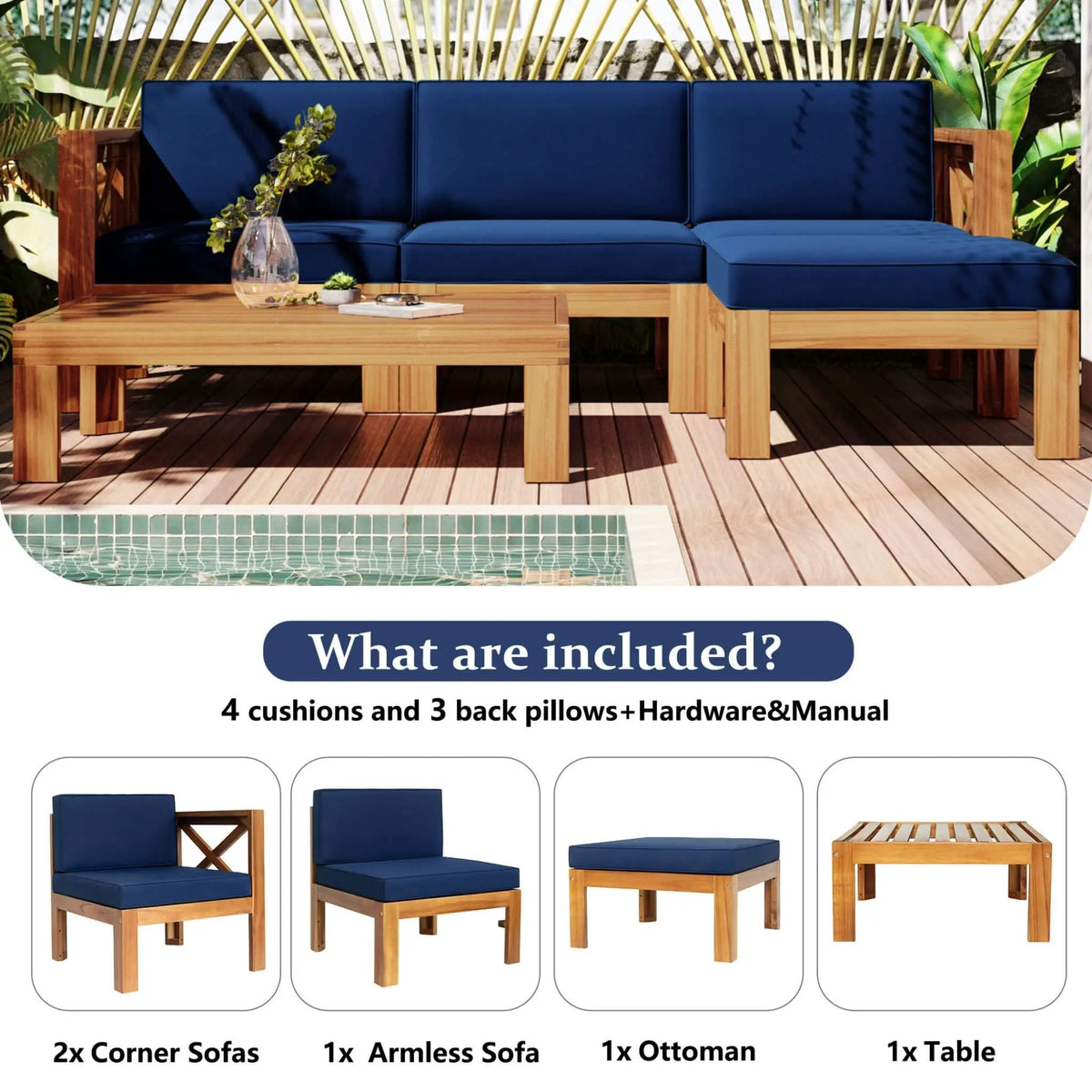 Alora 5-Piece Outdoor Patio Wood Sectional Sofa Set With Cushions (SAK31297) by SAKSBY WHOLESALE