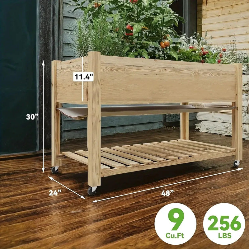 Outdoor Raised Garden Beds with Lockable Wheels Elevated Wooden Growing Bed for Flowers, Vegetables, Planter Box with Legs & Storage Shelf for Backyard, Patio, Balcony, Wooden Garden Bed, Round Raised Garden Bed, Narrow Garde by House Of Avana