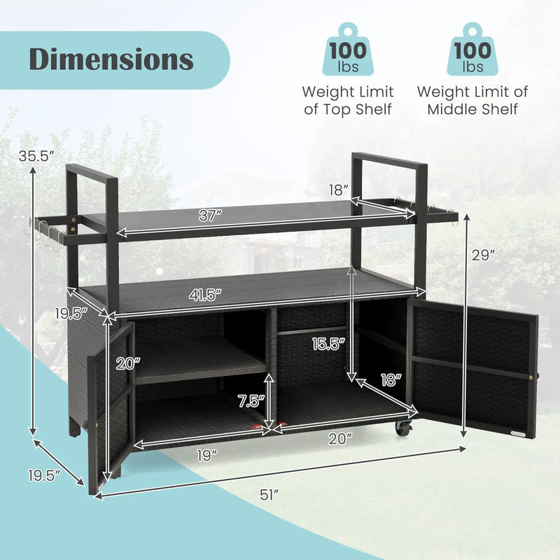 Outdoor Bar Cart Wicker Buffet Serving Cart with Cabinet and 8 Hooks by DirectDeals
