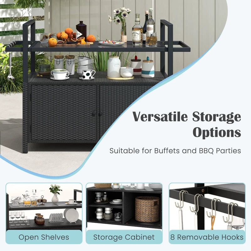 Outdoor Bar Cart Wicker Buffet Serving Cart with Cabinet and 8 Hooks by DirectDeals