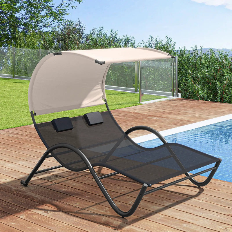Outdoor Double Chaise Lounge Chair with Sunshade Canopy and Headrest Pillows-Black by DirectDeals