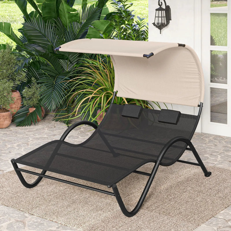 Outdoor Double Chaise Lounge Chair with Sunshade Canopy and Headrest Pillows-Black by DirectDeals