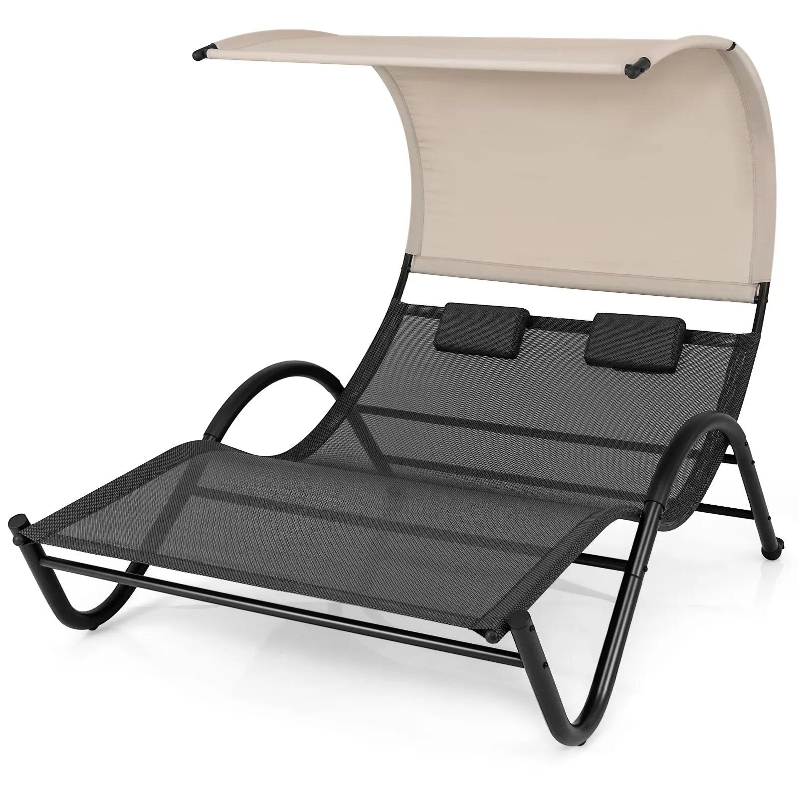 Outdoor Double Chaise Lounge Chair with Sunshade Canopy and Headrest Pillows-Black by DirectDeals