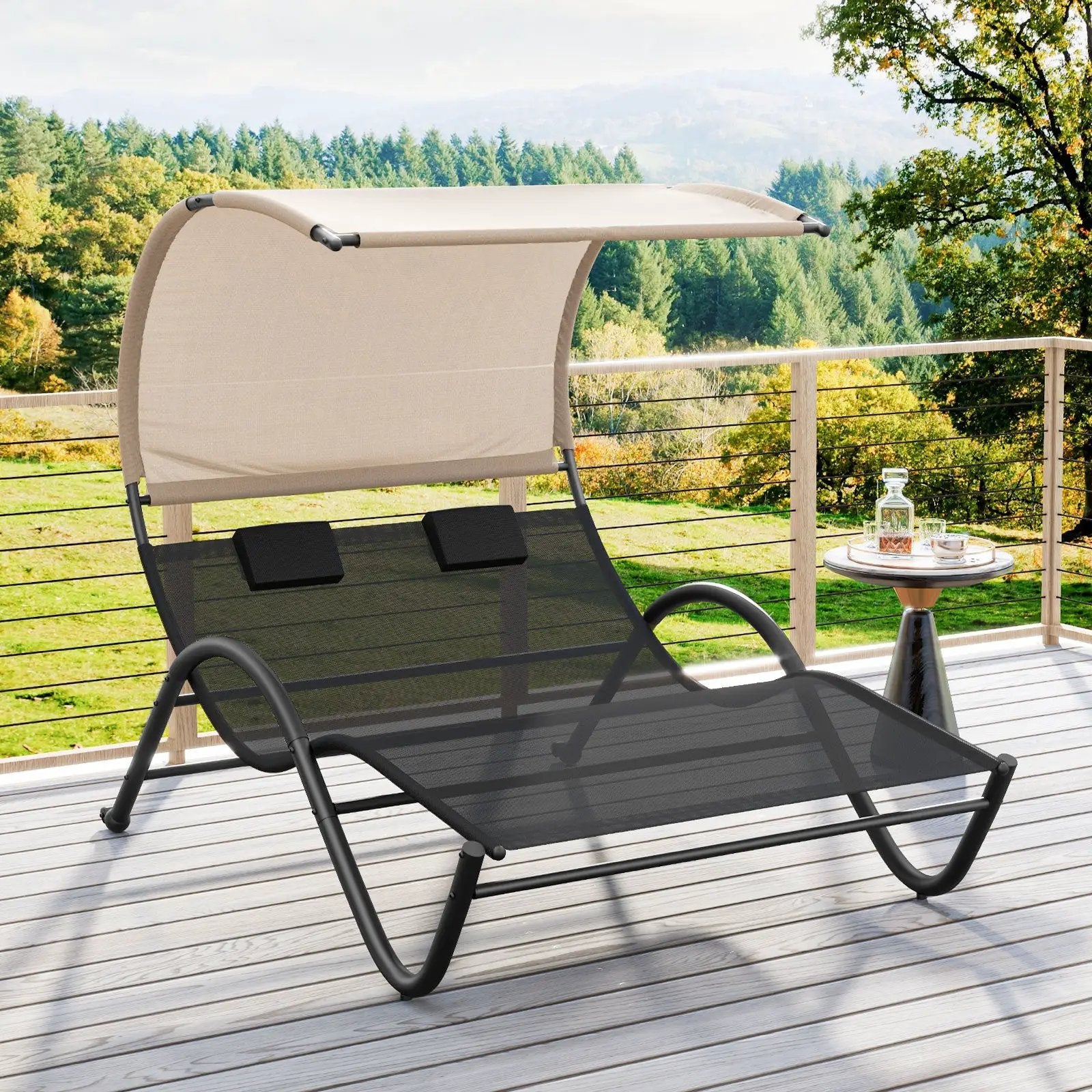 Outdoor Double Chaise Lounge Chair with Sunshade Canopy and Headrest Pillows-Black by DirectDeals