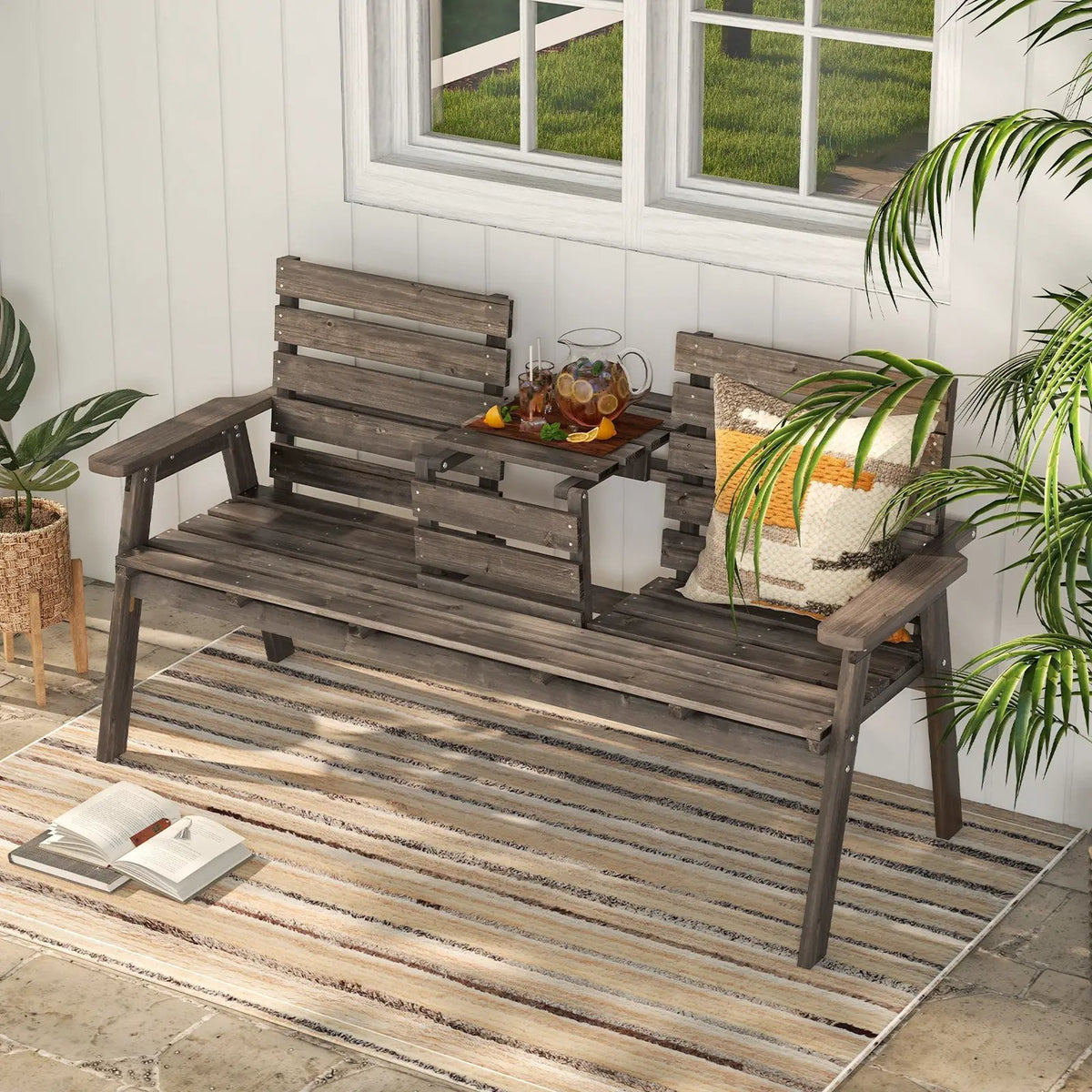 Outdoor Fir Wood Bench with Foldable Middle Table, photo 2 of 9