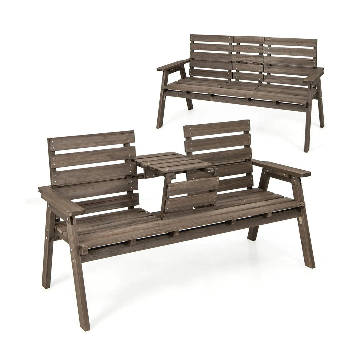 Outdoor Fir Wood Bench with Foldable Middle Table, photo 3 of 9