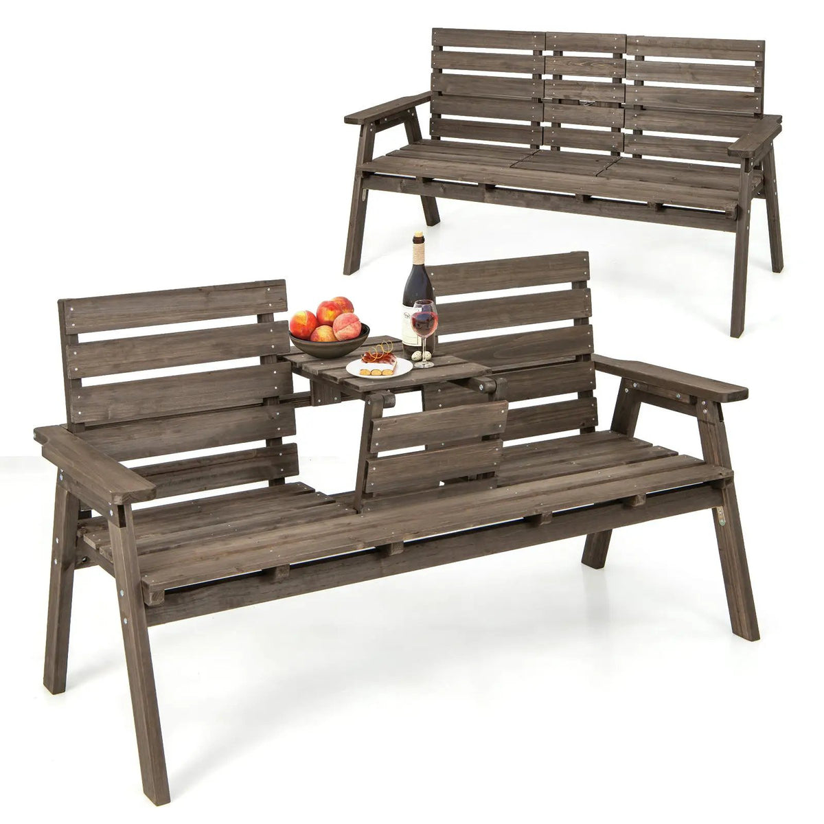 Outdoor Fir Wood Bench with Foldable Middle Table, photo 4 of 9