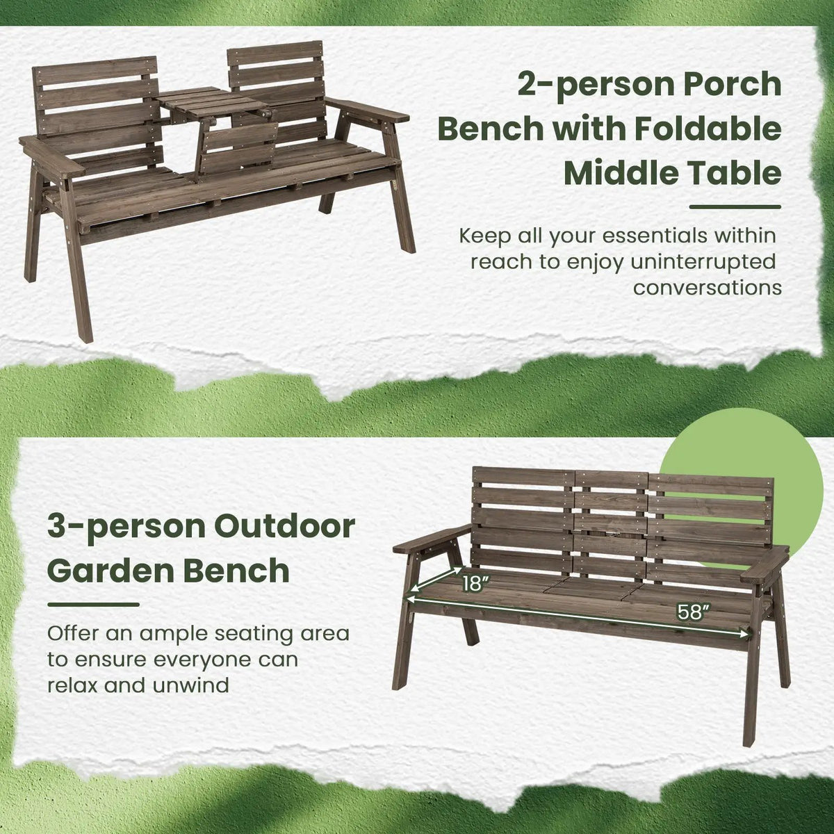 Outdoor Fir Wood Bench with Foldable Middle Table, photo 6 of 9