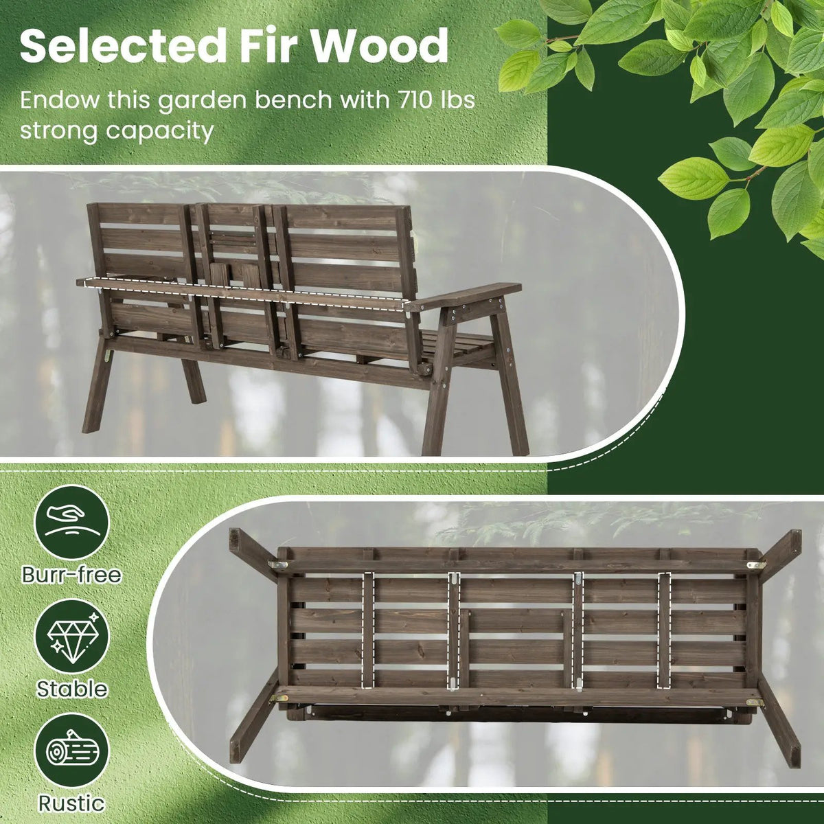 Outdoor Fir Wood Bench with Foldable Middle Table, photo 8 of 9