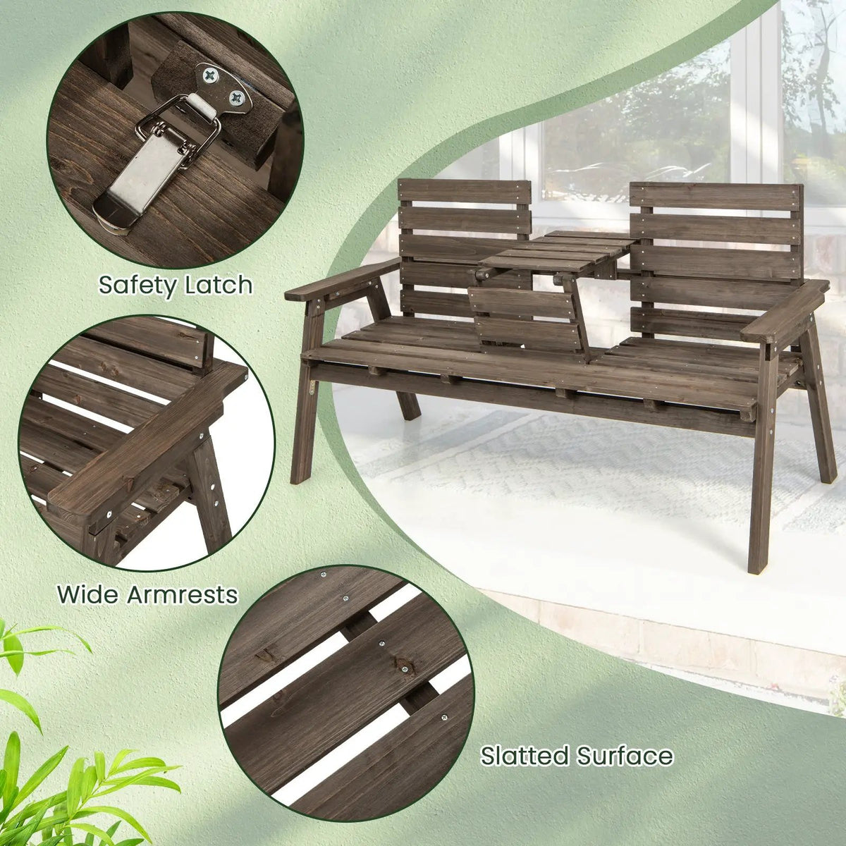 Outdoor Fir Wood Bench with Foldable Middle Table, photo 7 of 9