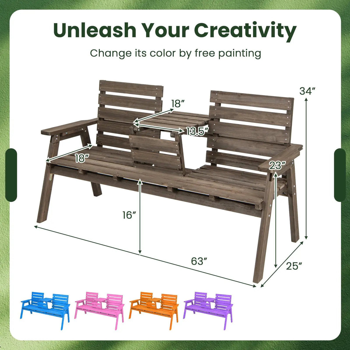 Outdoor Fir Wood Bench with Foldable Middle Table, photo 5 of 9