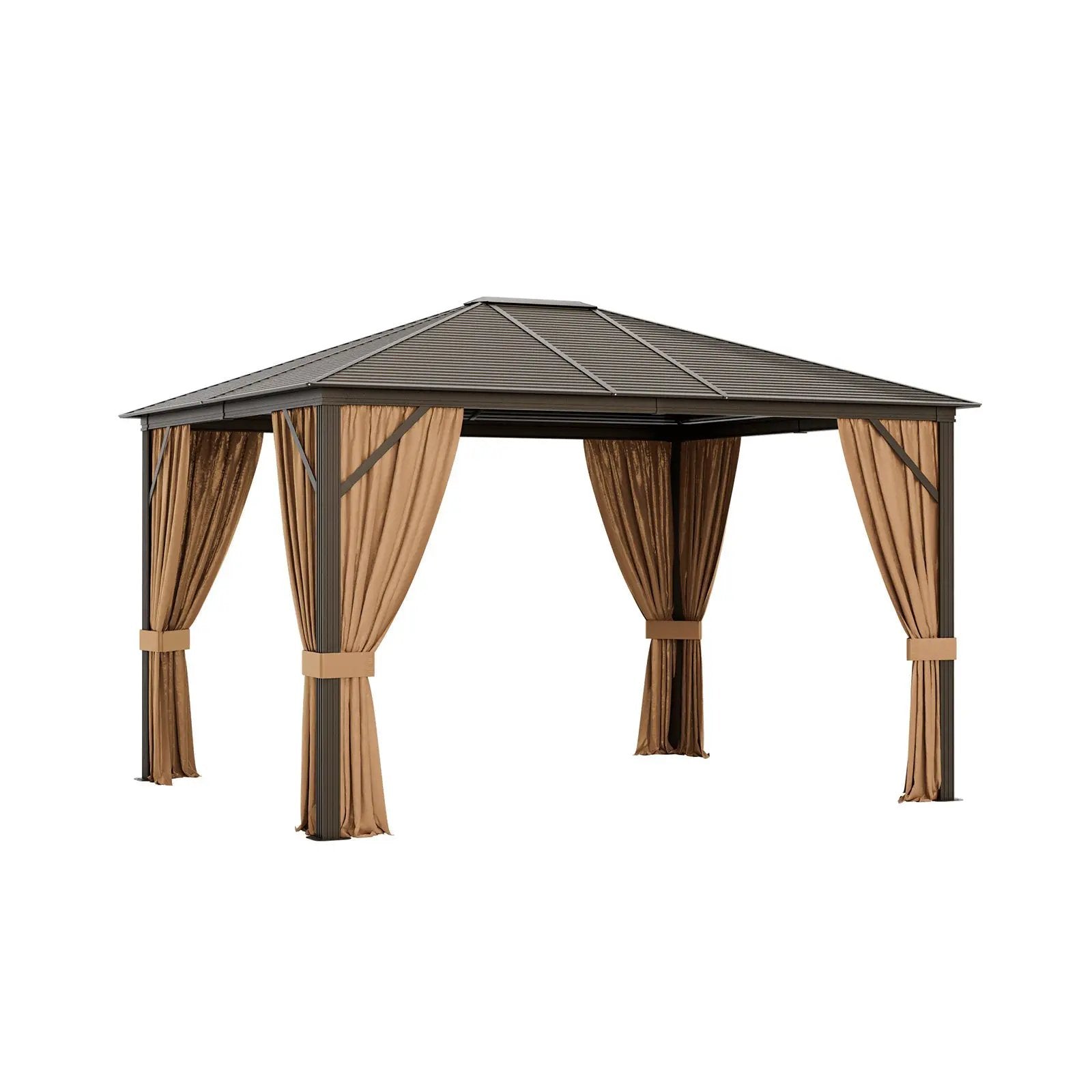 12 x10 Feet Outdoor Hardtop Gazebo with Galvanized Steel Top and Netting-Brown by DirectDeals