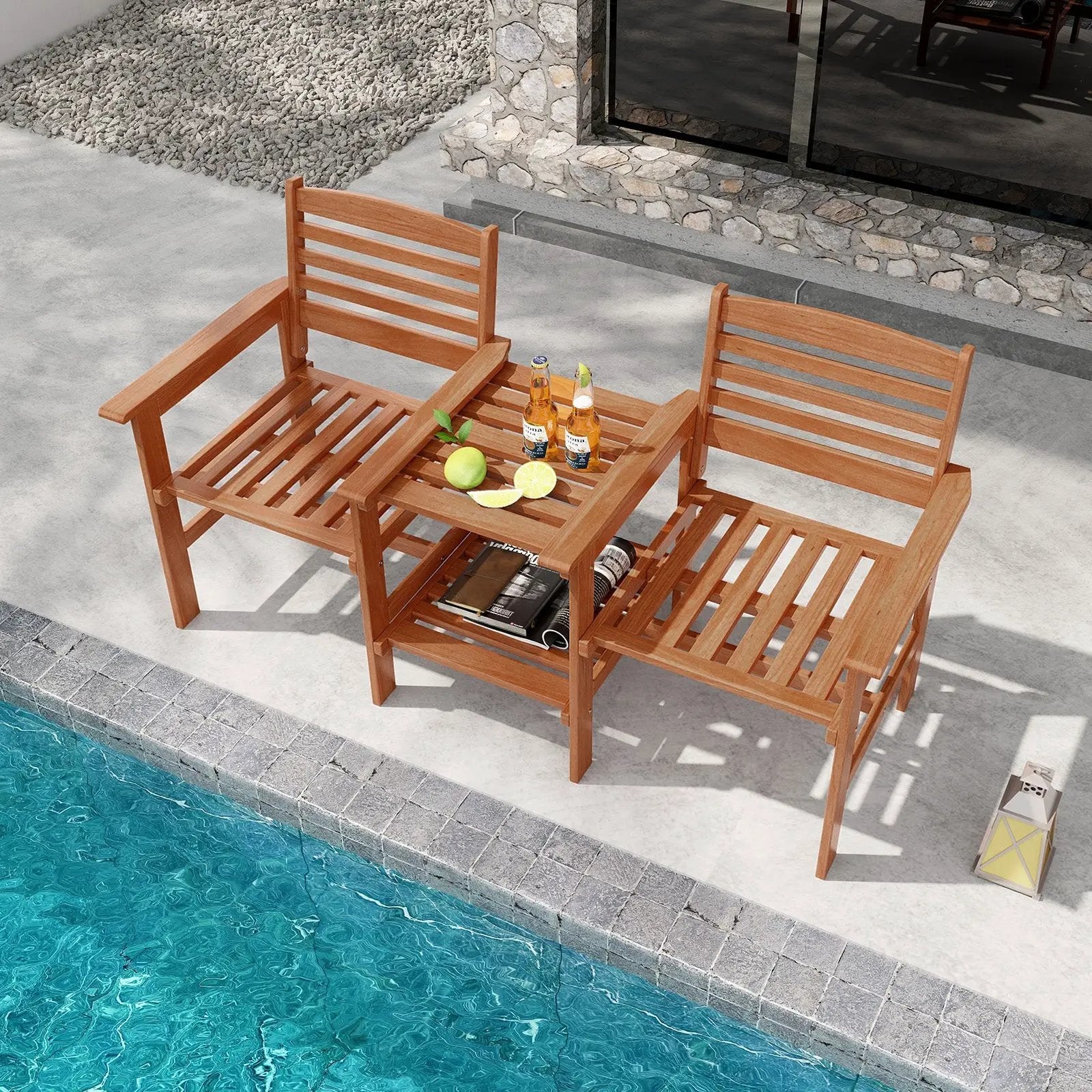 Outdoor Patio Wood 2-Seat Conversation Set with Coffee Table and Umbrella Hole by DirectDeals