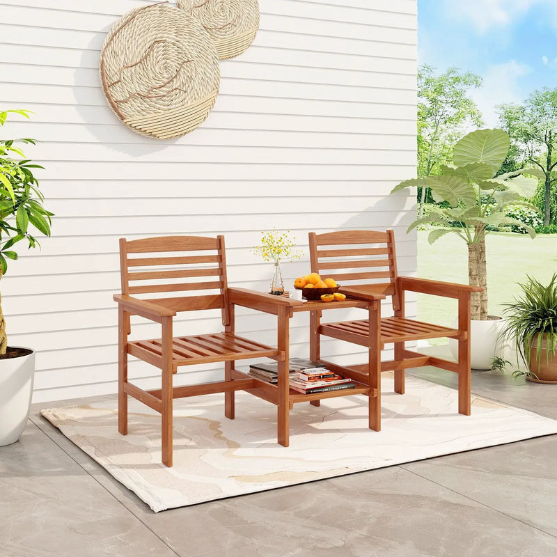 Outdoor Patio Wood 2-Seat Conversation Set with Coffee Table and Umbrella Hole by DirectDeals