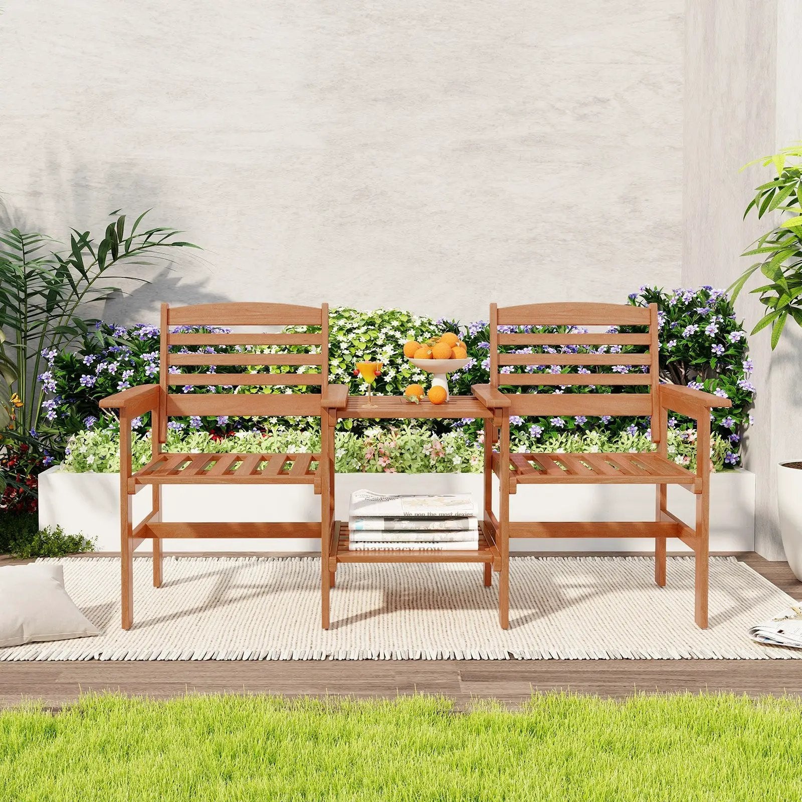 Outdoor Patio Wood 2-Seat Conversation Set with Coffee Table and Umbrella Hole by DirectDeals