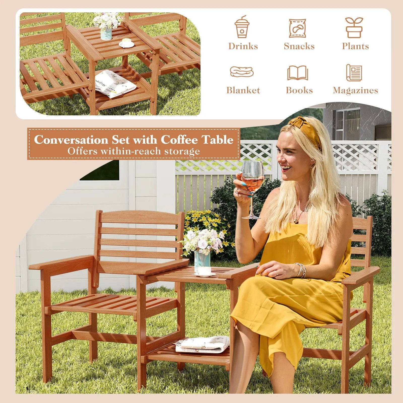 Outdoor Patio Wood 2-Seat Conversation Set with Coffee Table and Umbrella Hole by DirectDeals