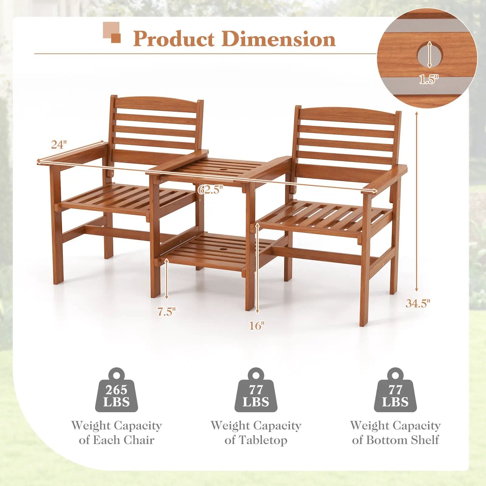 Outdoor Patio Wood 2-Seat Conversation Set with Coffee Table and Umbrella Hole by DirectDeals