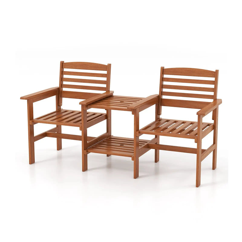 Outdoor Patio Wood 2-Seat Conversation Set with Coffee Table and Umbrella Hole by DirectDeals