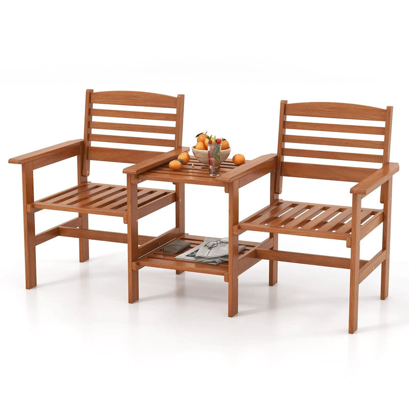Outdoor Patio Wood 2-Seat Conversation Set with Coffee Table and Umbrella Hole by DirectDeals