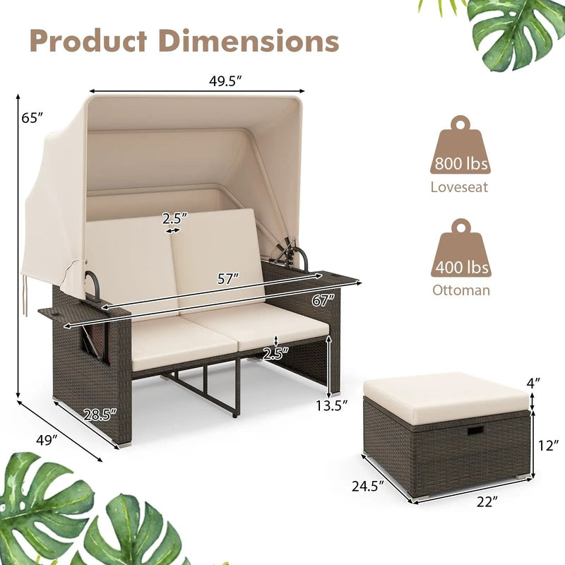 Outdoor Patio Rattan Daybed with Retractable Canopy and Adjustable Backrests by DirectDeals