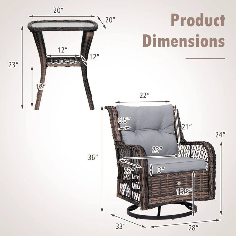 3 Pieces Outdoor Swivel Rocker Set with Small Side Table-Gray by DirectDeals