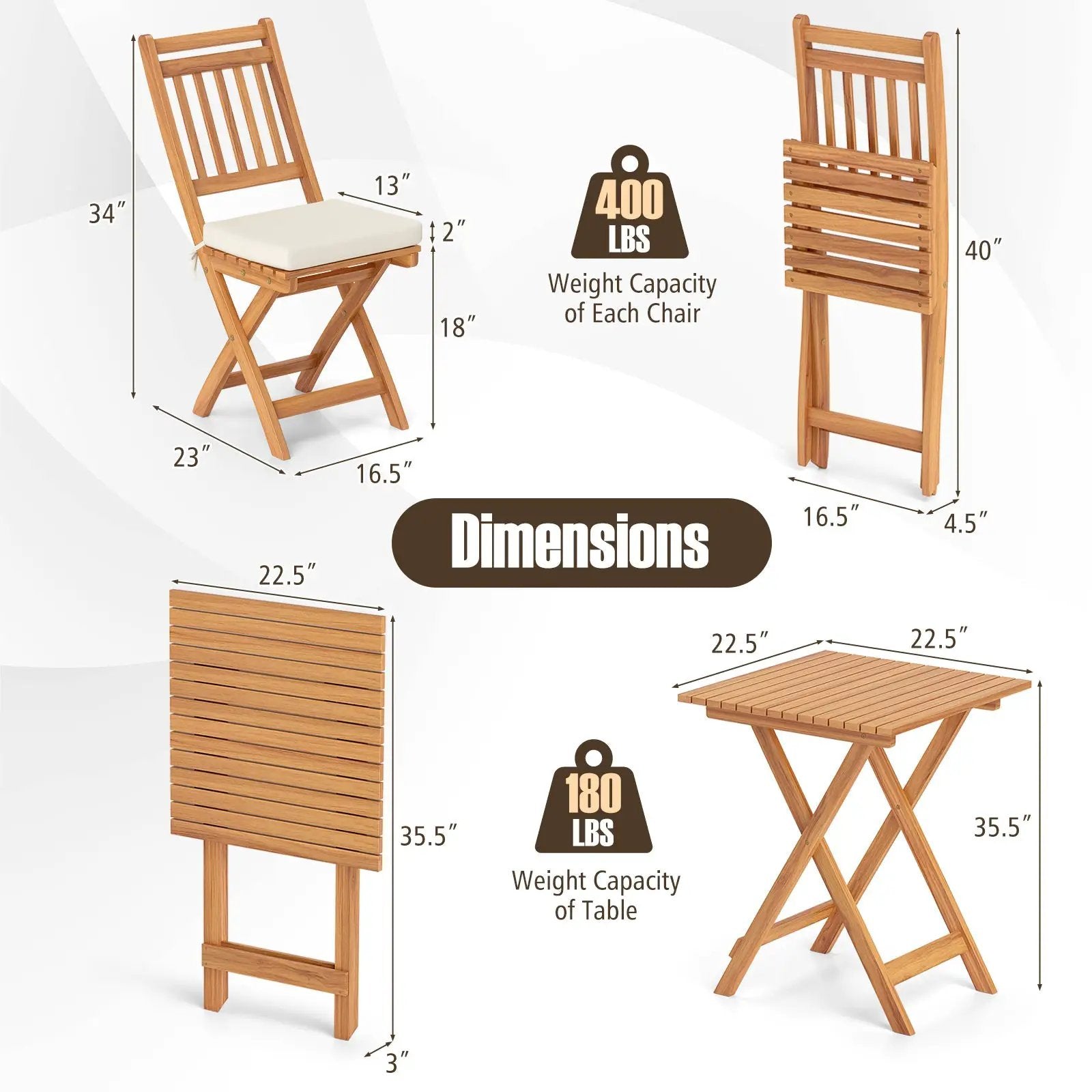 Outdoor Wood Bistro Set with Soft Seat Cushions and Table-White by DirectDeals