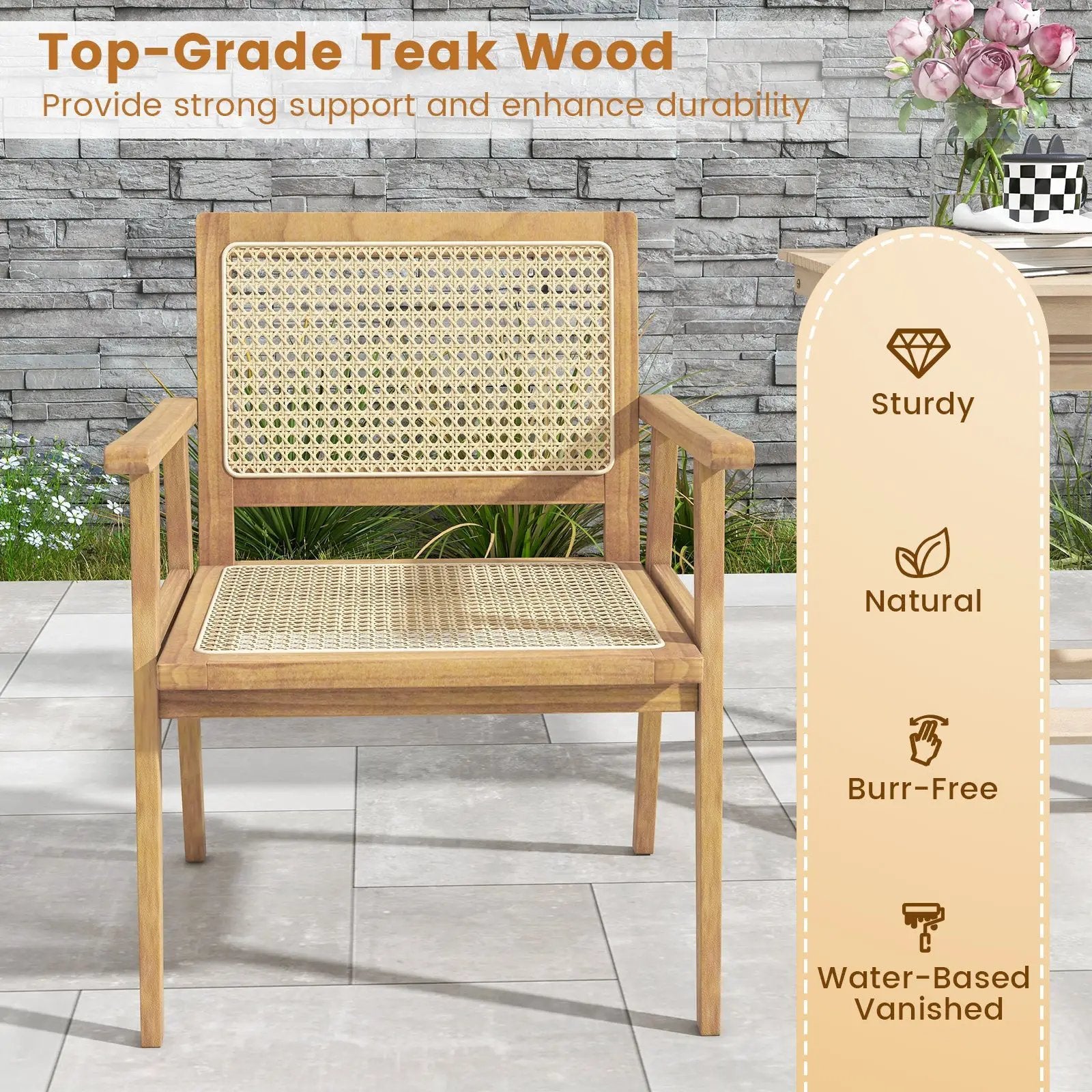 Indonesia Teak Wood Chair with Natural Rattan Seat and Curved Backrest for Backyard Porch Balcony by DirectDeals