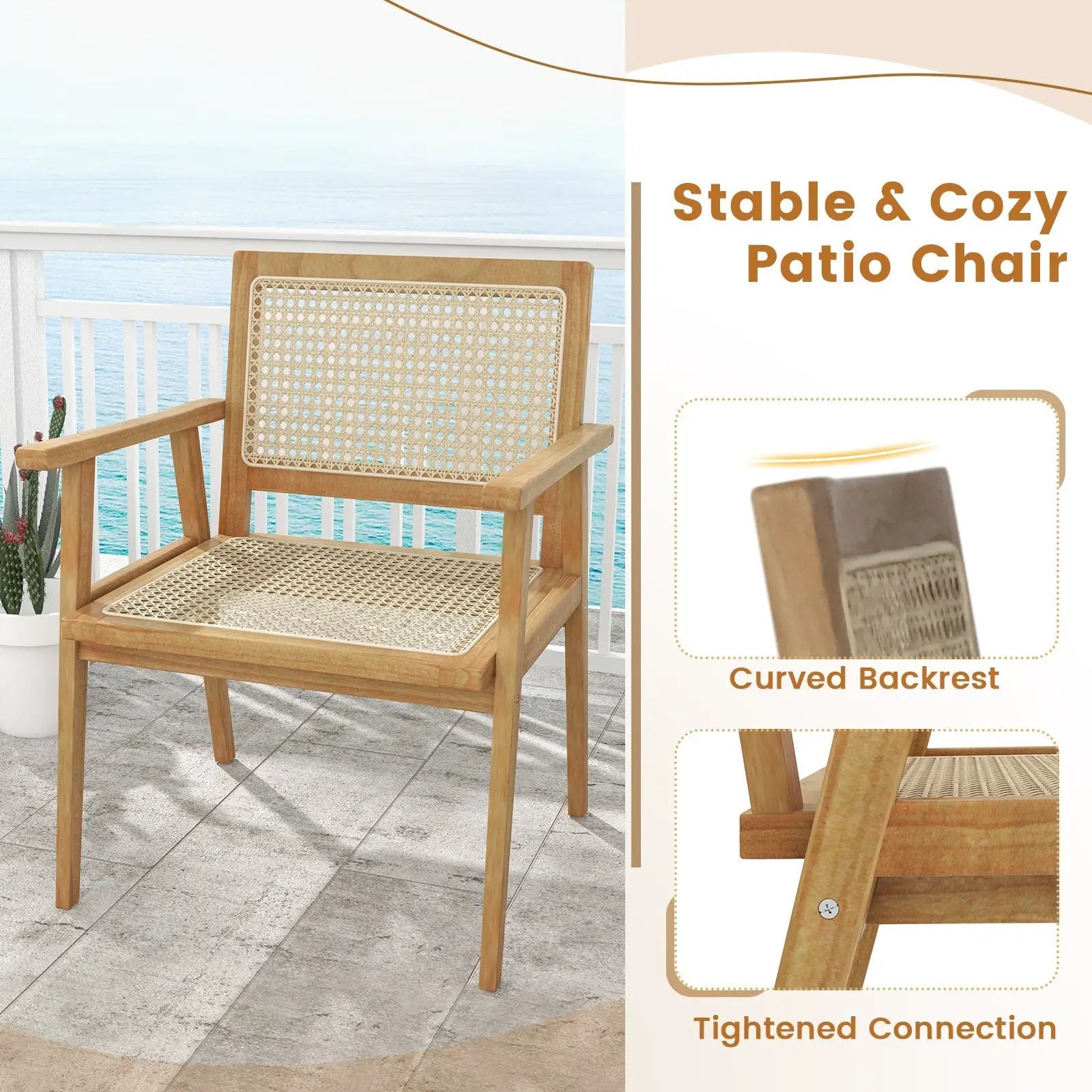 Indonesia Teak Wood Chair with Natural Rattan Seat and Curved Backrest for Backyard Porch Balcony by DirectDeals