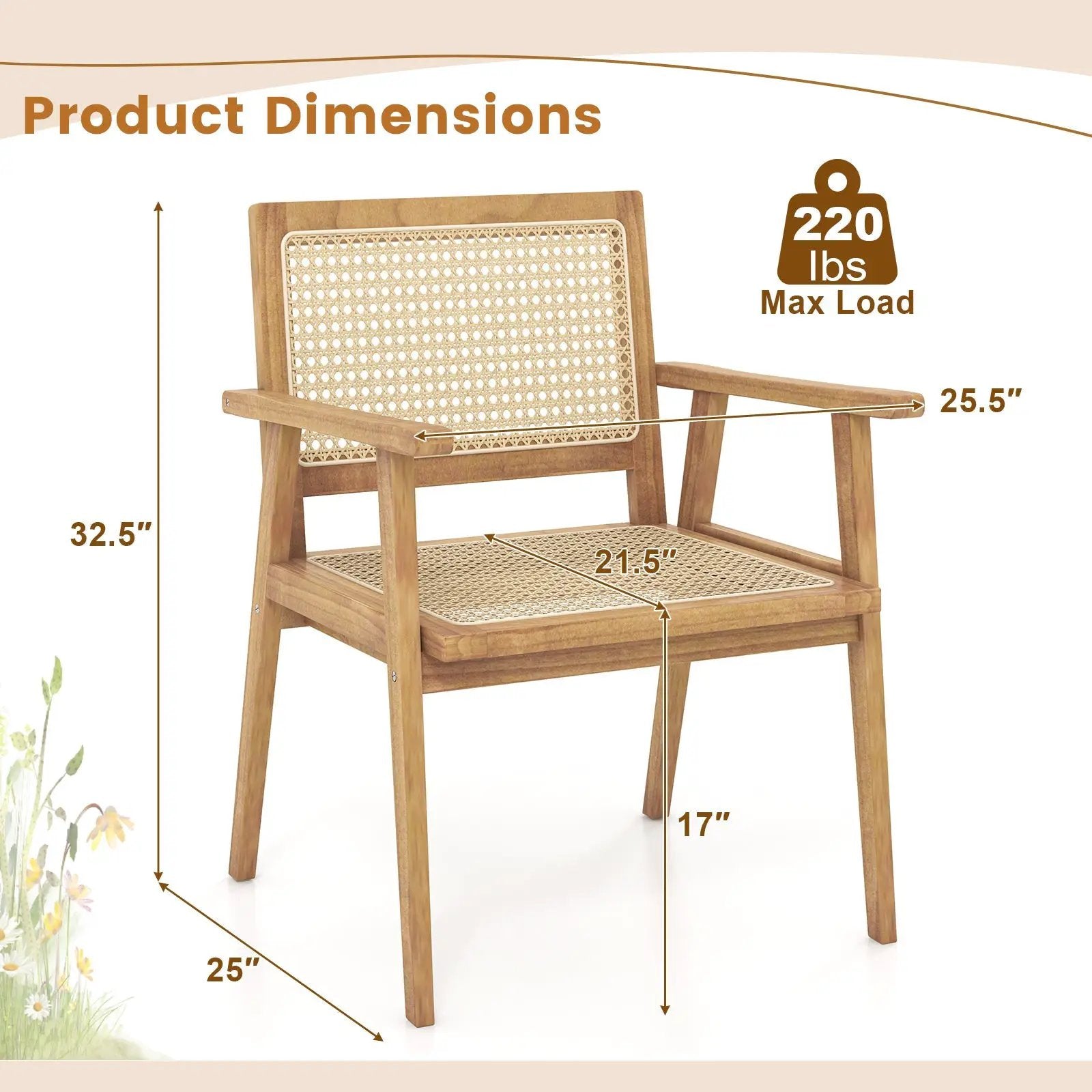 Indonesia Teak Wood Chair with Natural Rattan Seat and Curved Backrest for Backyard Porch Balcony by DirectDeals