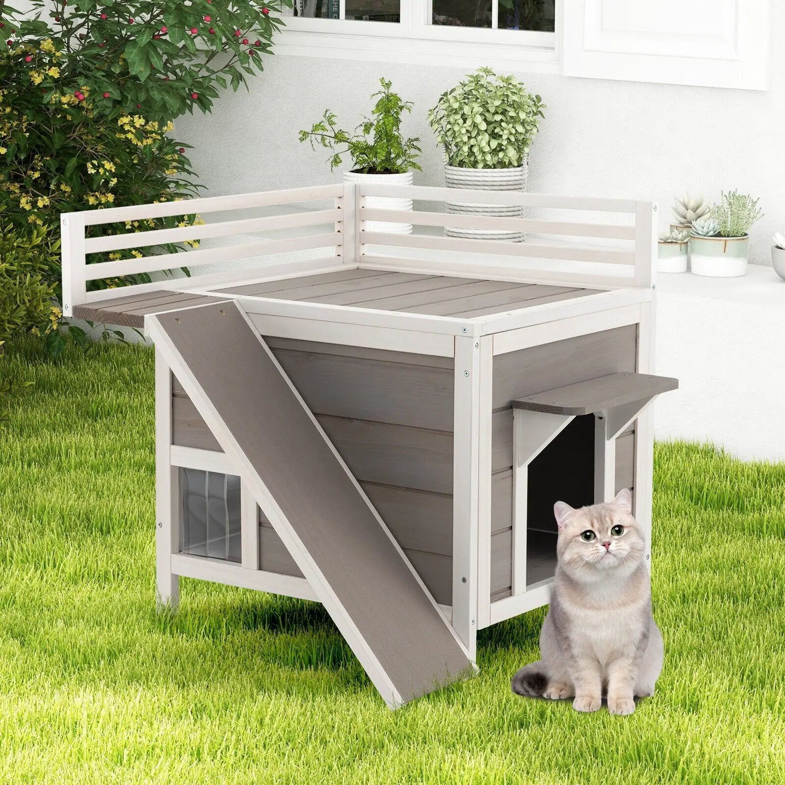 Outdoor Wooden Feral Cat House with Balcony and Slide-Gray by DirectDeals