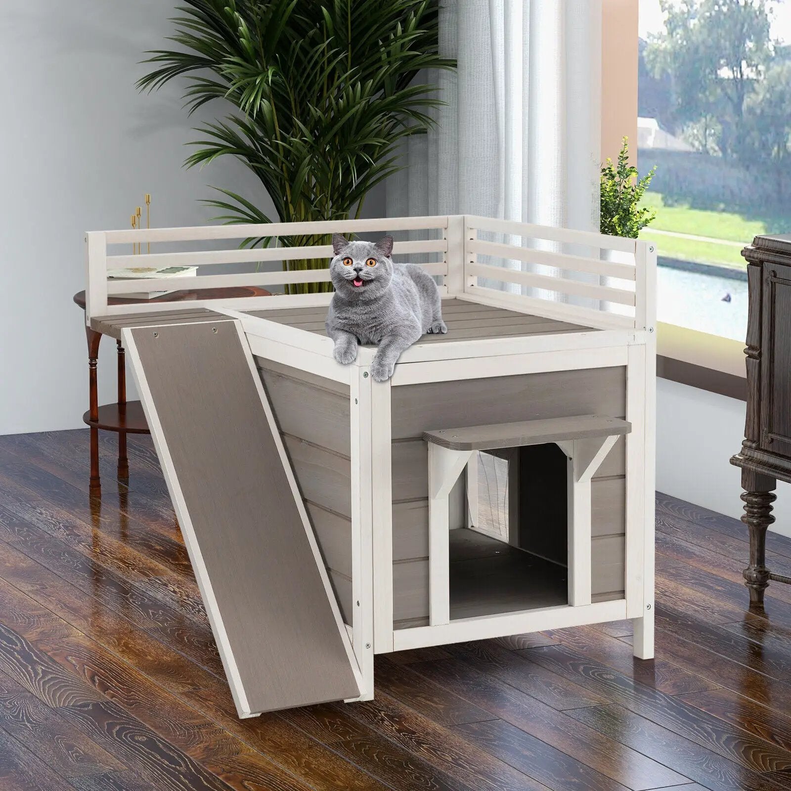 Outdoor Wooden Feral Cat House with Balcony and Slide-Gray by DirectDeals