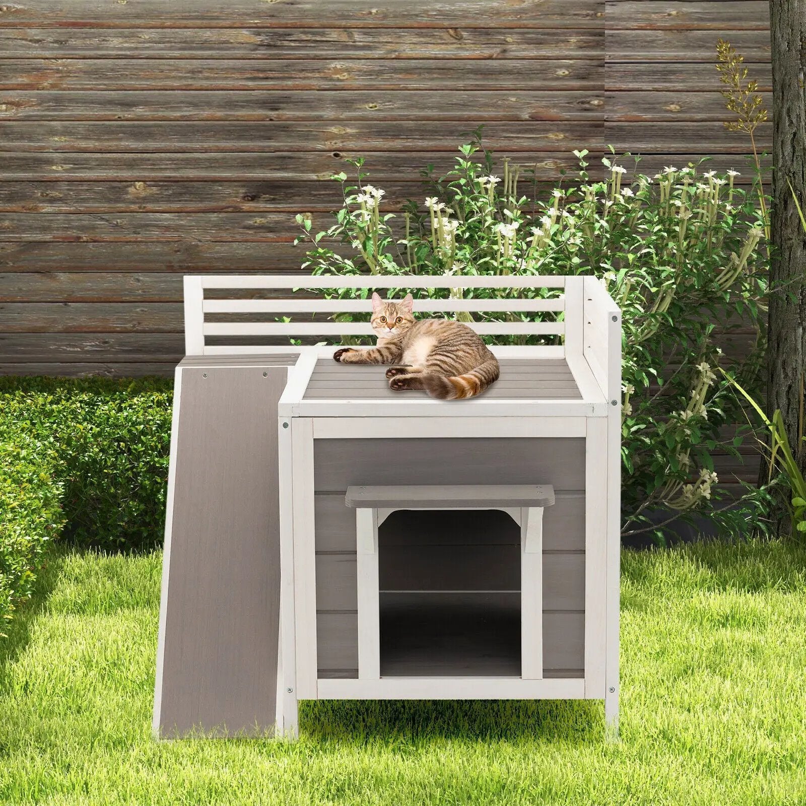 Outdoor Wooden Feral Cat House with Balcony and Slide-Gray by DirectDeals