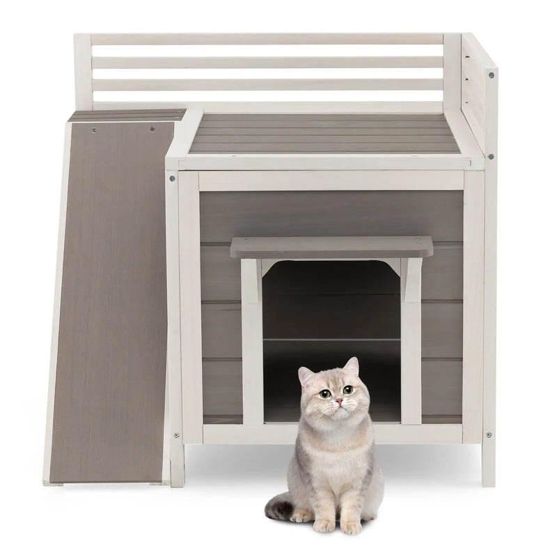 Outdoor Wooden Feral Cat House with Balcony and Slide-Gray by DirectDeals