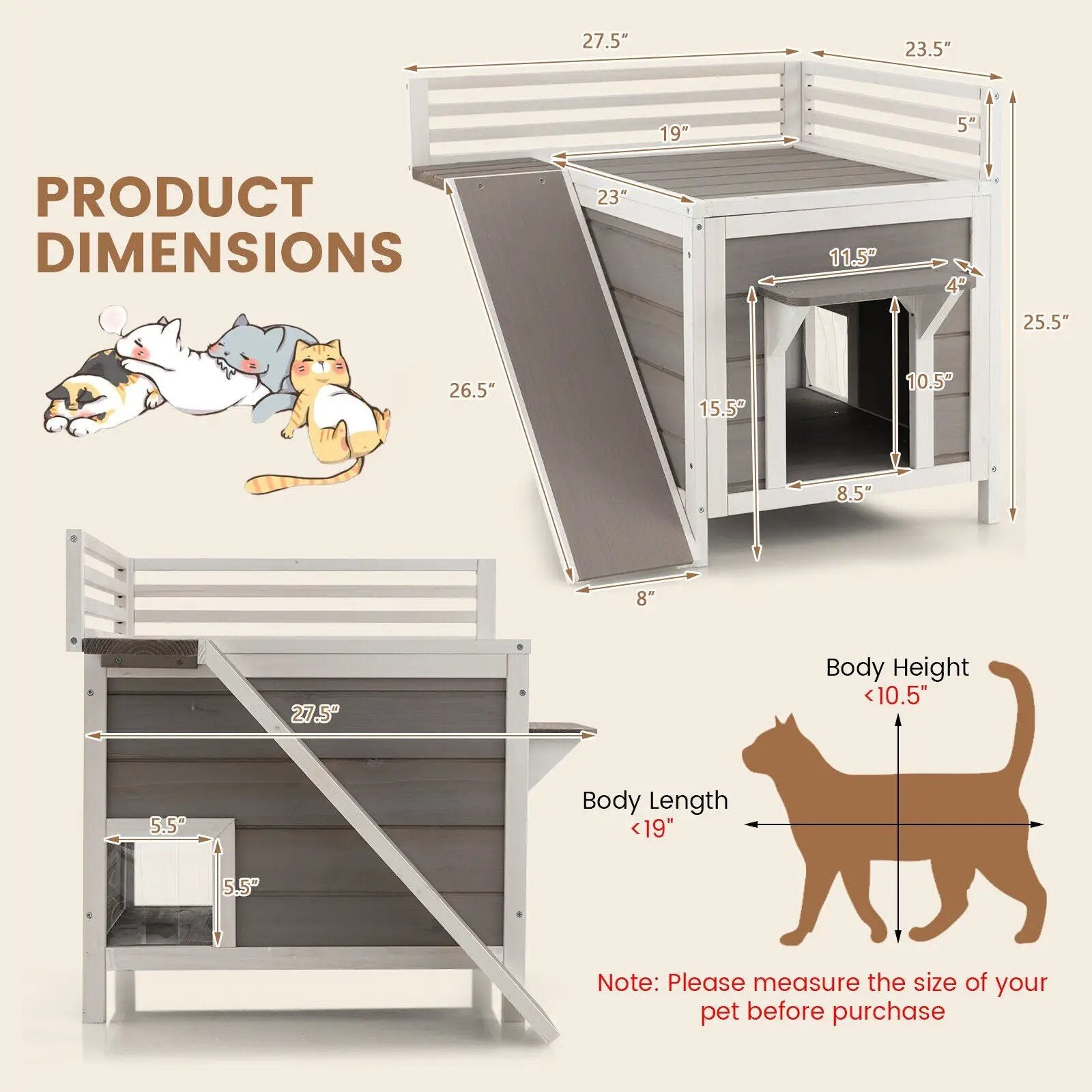 Outdoor Wooden Feral Cat House with Balcony and Slide-Gray by DirectDeals